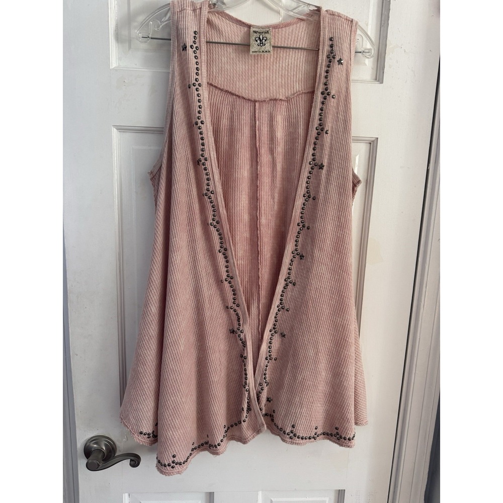 Vocal Womens L‎ Studded Vest Pink Waffle Knit Boho Western Open Front Sleeveless